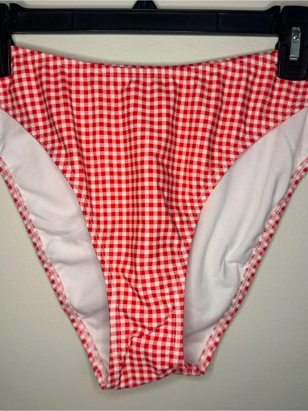 No Boundaries Womens XL Cheeky High Leg Bikini Bottom Red Gingham Stretch NEW